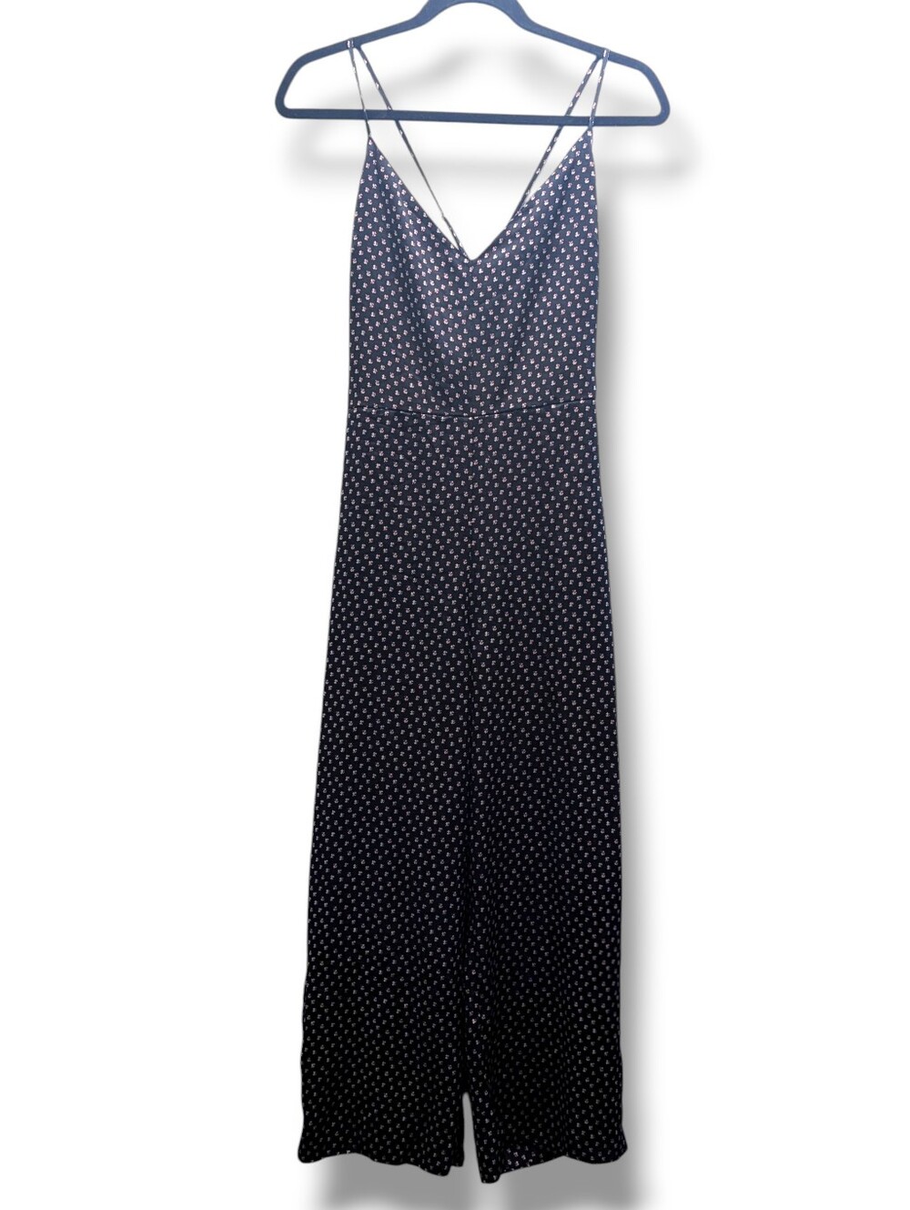 Abercrombie & Fitch Black Floral Satin V-Neck Wide-Leg Jumpsuit Ankle Cropped- M